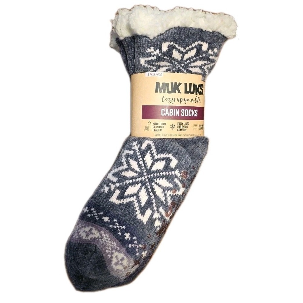 NEW Muk Luks Women 2-Pack NonSlip Bottom Cabin Socks Gray Purple Size L/XL 8-10